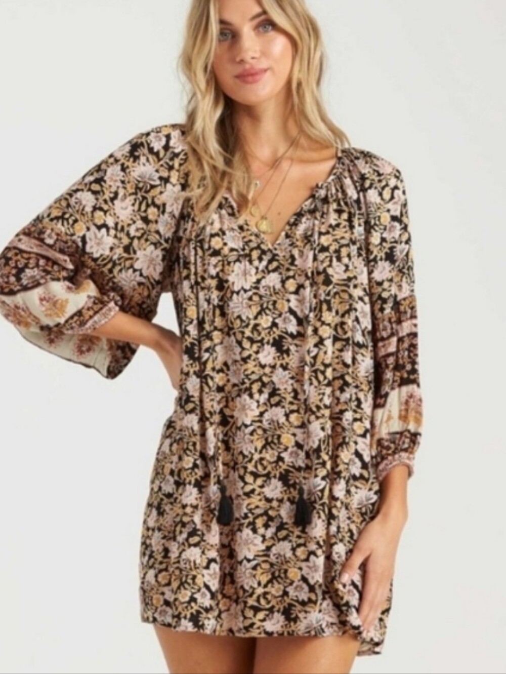 Billabong Gypset Mini Boho Floral Balloon Sleeve Tunic Peasant dress size Large